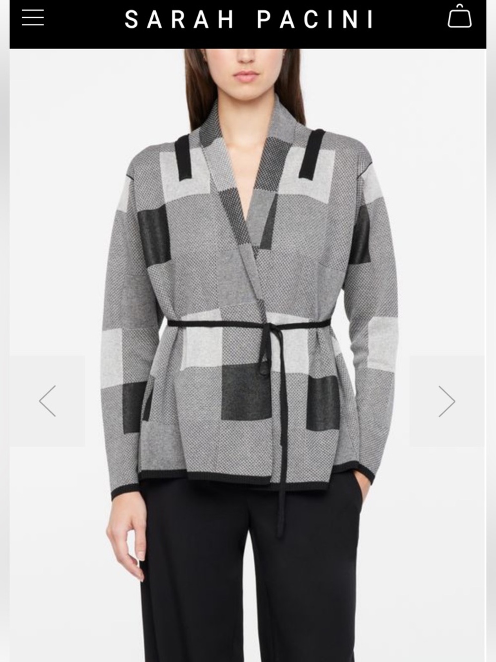 Sarah Pacini Light Jacquard Knit Gray Black Checked Belted Shimmery Cardigan 🇮🇹